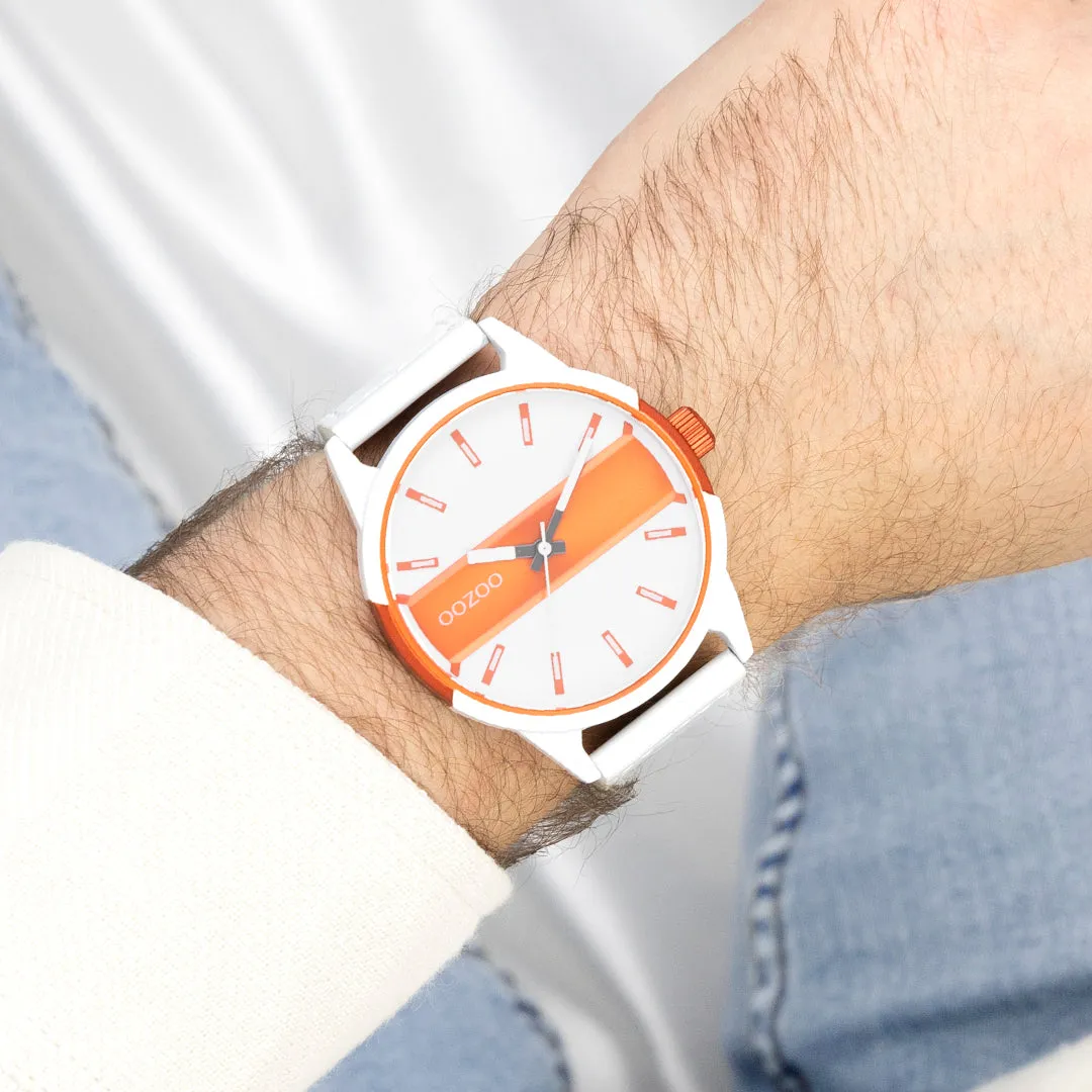 White/fluo orange OOZOO watch with white leather strap - C11316